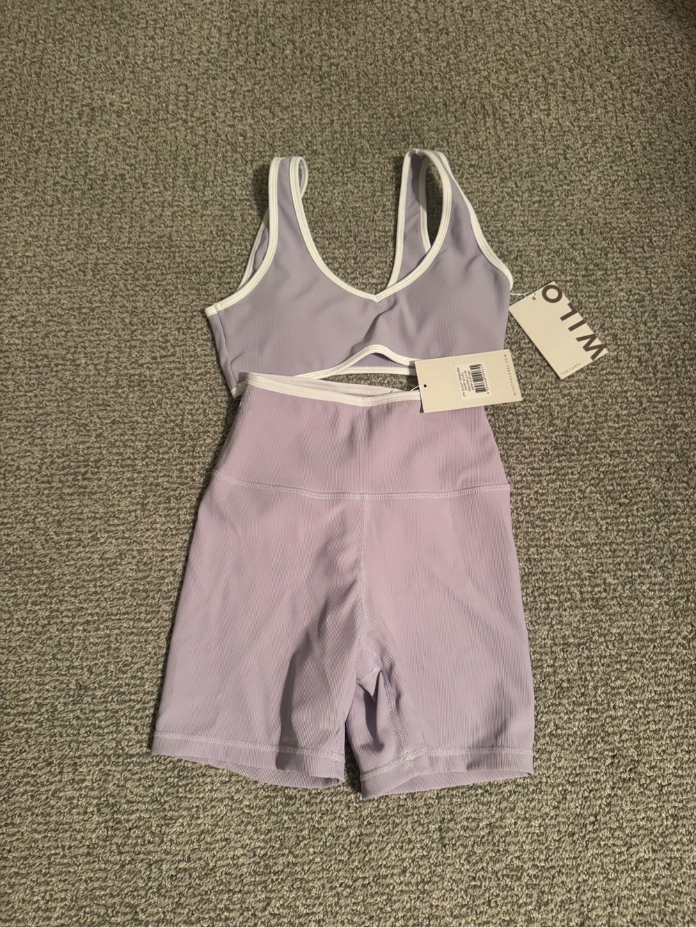 Wilo Lavender Scoop-Neck Sports Bra and shorts with White Trim